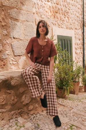 BARBORA straight linen pants in Mocha Gingham from AmourLinen