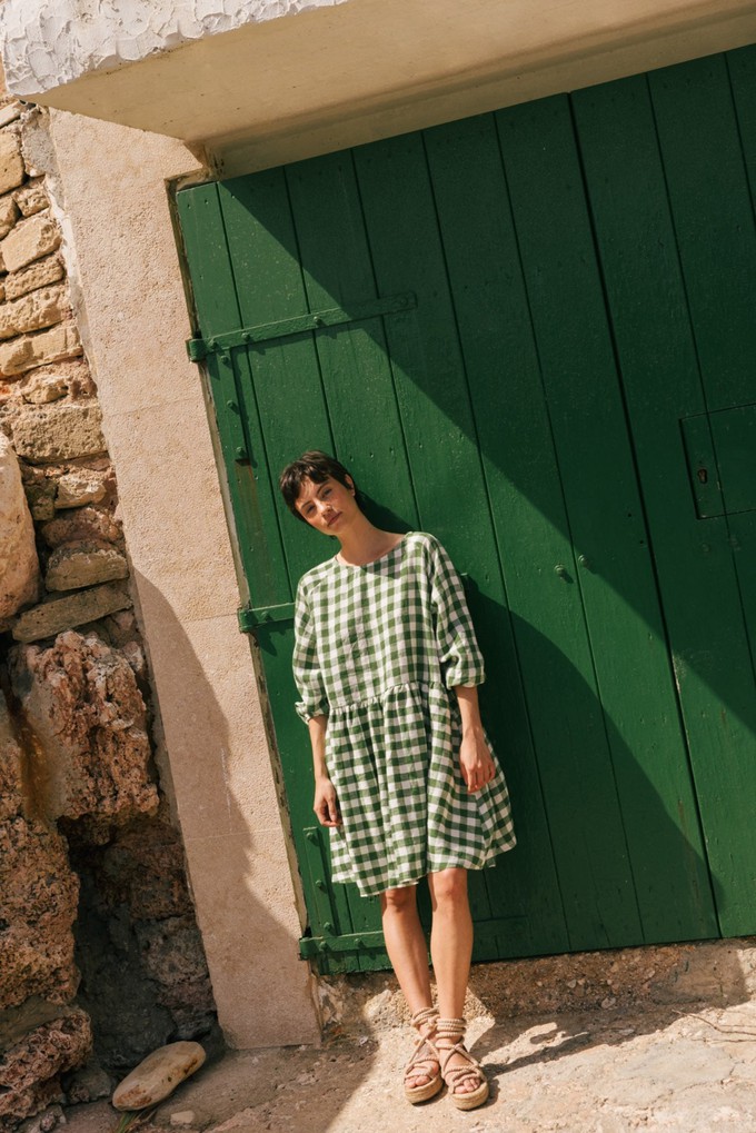 Sofia midi-length linen dress M Green Gingham from AmourLinen