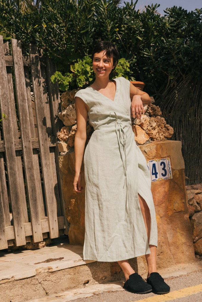 Aurora mid-length linen dress L Sage Green from AmourLinen