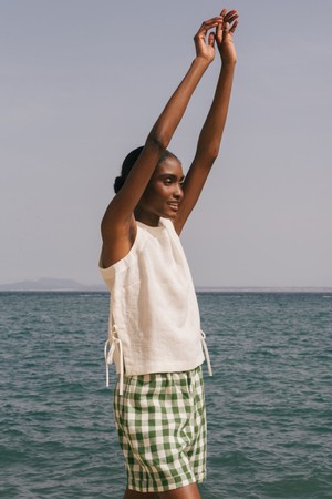 Rosie linen top with ties XL Green Gingham from AmourLinen