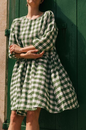 Sofia midi-length linen dress M Green Gingham from AmourLinen