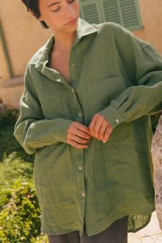 Molly oversized collar linen shirt S Matcha Green via AmourLinen