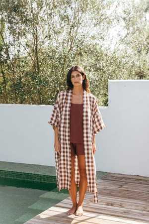 Linen bathrobe Midnight in Mocha Gingham | sale from AmourLinen