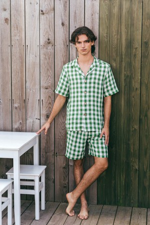 Linen loungewear shorts set ASPEN in Green Gingham from AmourLinen