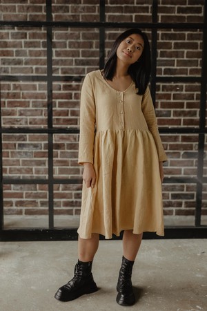 Lapland mid-length linen dress in Mustard from AmourLinen