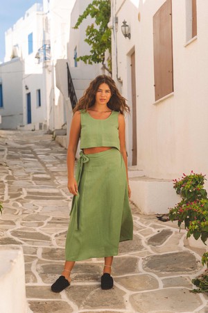 Linen wrap skirt IRIS in Matcha Green from AmourLinen