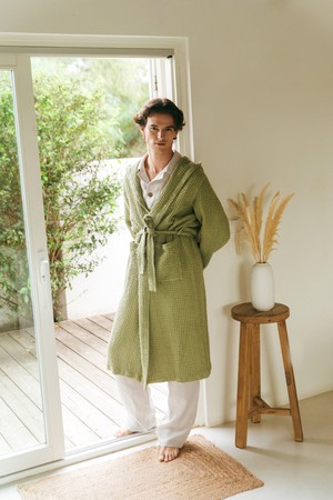 Men's waffle linen bathrobe in Moss Green from AmourLinen