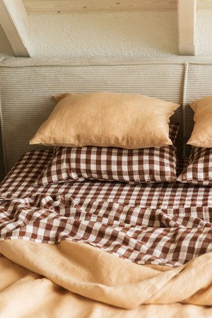 Linen flat sheet in Mocha Gingham from AmourLinen