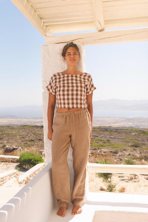 Linen crop top with buttons LISA in Mocha Gingham from AmourLinen