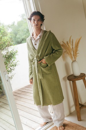 Men's waffle linen bathrobe in Moss Green from AmourLinen