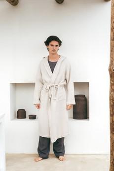 Men's waffle linen bathrobe in Cream via AmourLinen