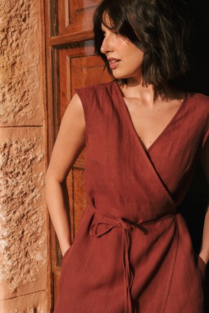 Aurora mid-length linen dress L Terracotta from AmourLinen