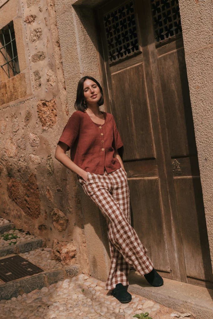 BARBORA straight linen pants in Mocha Gingham from AmourLinen