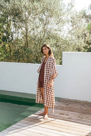 Linen bathrobe Midnight in Mocha Gingham from AmourLinen