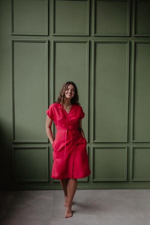 Linen wrap dress OLIVIA in Viva Magenta from AmourLinen