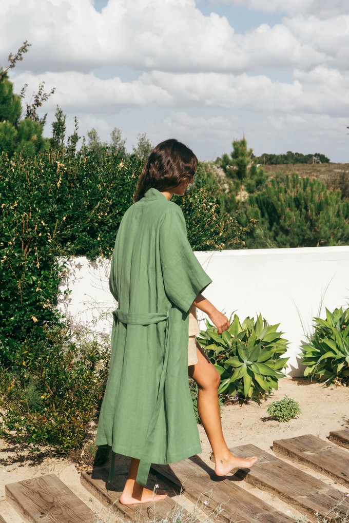 Linen bathrobe MIDNIGHT in Matcha Green from AmourLinen