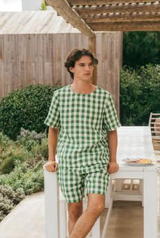 Linen shorts pyjama set BILLY in Green Gingham via AmourLinen