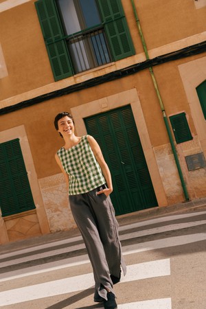 Lucia classic sleeveless linen top M Green Gingham from AmourLinen