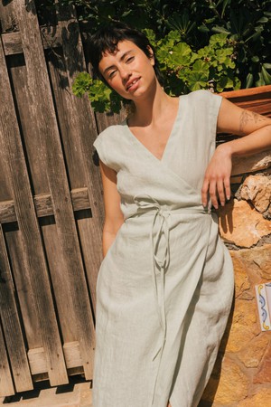 Aurora mid-length linen dress L Sage Green from AmourLinen