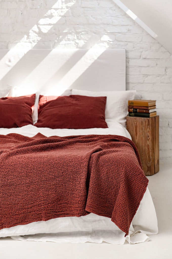 Linen waffle bed throw in Terracotta from AmourLinen