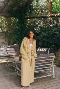 Waffle linen bathrobe SNUGGLE in Mustard via AmourLinen