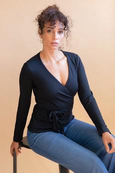 Wrap-over top Olivier black long sleeves via avani apparel