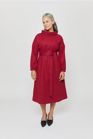 Amalia | Midi Winter Dress with High Rounded Neckline in Red-Bordo from AYANI