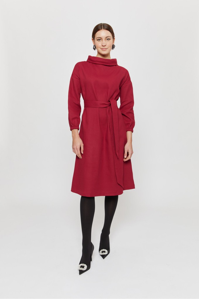 Amalia | Midi Winter Dress with High Rounded Neckline in Red-Bordo from AYANI