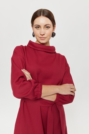 Amalia | Midi Winter Dress with High Rounded Neckline in Red-Bordo from AYANI