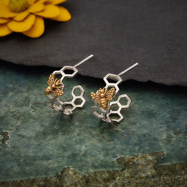 Silver earrings with honeycomb and bronze bee from Fairy Positron