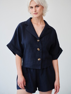 Ethically Made Navy Linen Lounge Co-ord Short Set from Fanfare Label