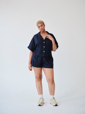 Ethically Made Navy Linen Lounge Co-ord Short Set from Fanfare Label