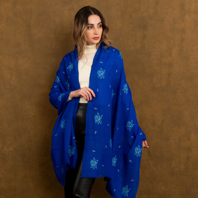 Royal Blue Cashmere Scarf With Hand Embroidery from Heritage Moda