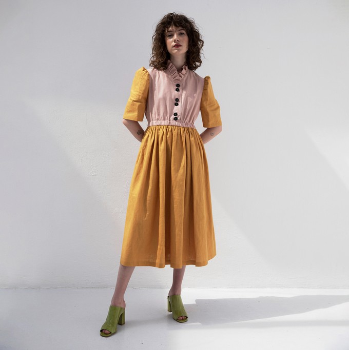 Eleonora Pink Mustard Linen Dress from Masha Maria