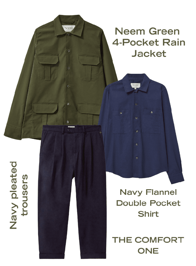 Set 3: Neem Green 4-Pocket Rain Jacket + Navy Flannel Overshirt + Navy Soft Pleated Trousers from Neem London