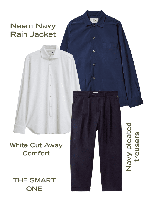 Set 2: Neem Navy Rain Jacket + White Comfort Shirt + Navy Soft Pleated Trousers from Neem London