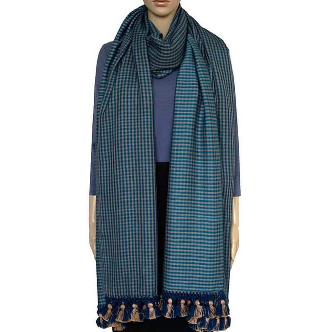 Shawl Blue with Pom poms - Oversized - Elegant and Fairtrade from Quetzal Artisan