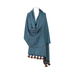 Shawl Blue with Pom poms - Oversized - Elegant and Fairtrade from Quetzal Artisan