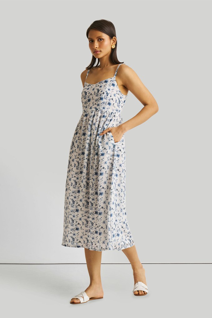 Strappy Gathered Blue Floral Midi Dress from Reistor