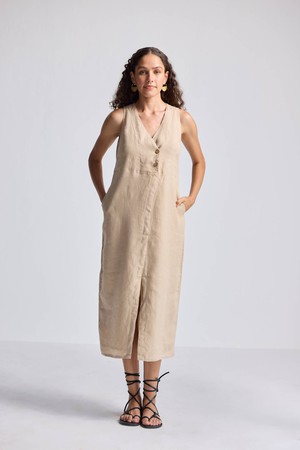 Straight Dress with Front Slit in Neutral Beige Hemp from Reistor