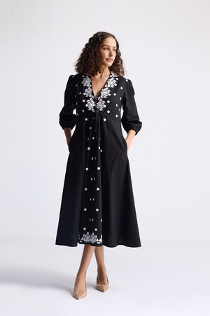 Drawstring Embroidered Dress in Black from Reistor