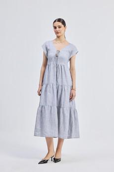 Gathered Tiered Dress with Front-ties - Linen stripes via Reistor