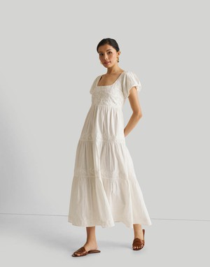 Puff Sleeve Embroidered Tiered Dress in White from Reistor