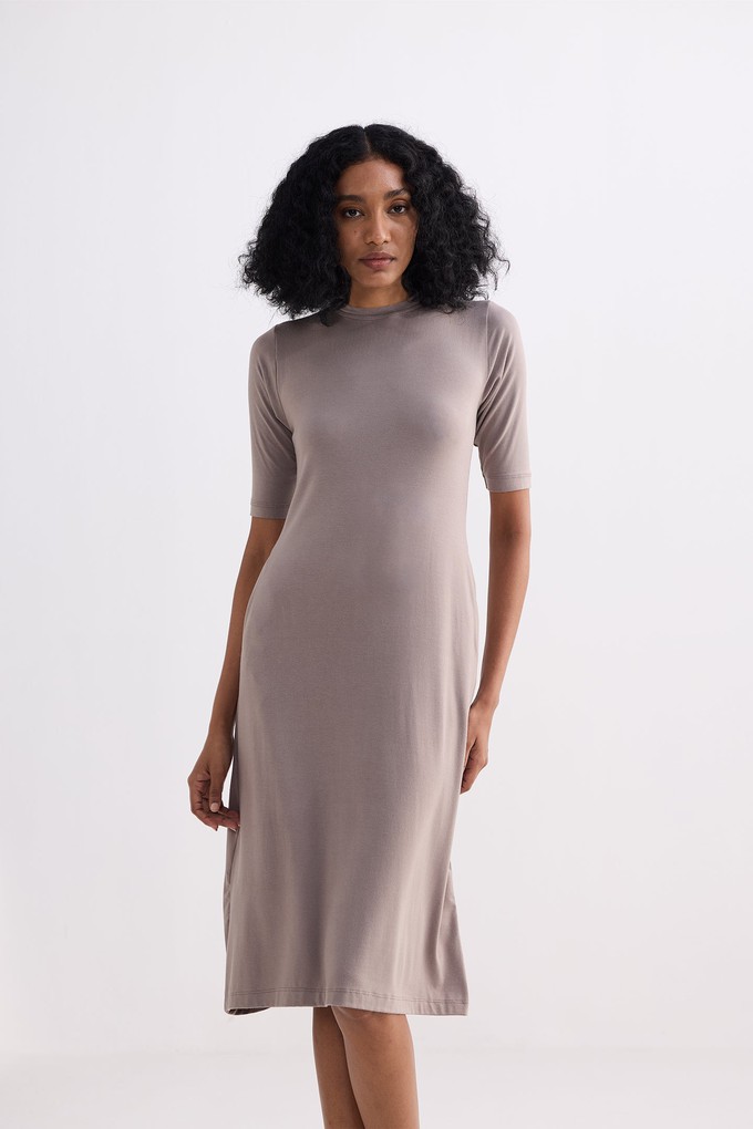 High Crew Neck Elbow Sleeves Fitted Dress in Dusty Brown from Reistor