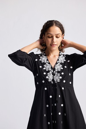 Drawstring Embroidered Dress in Black from Reistor