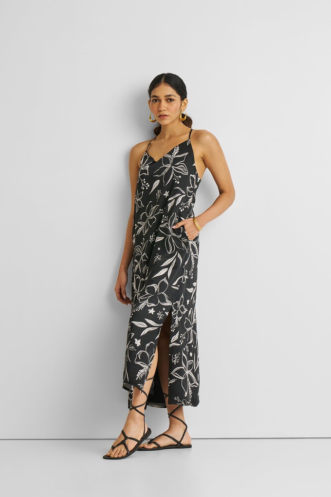 Midi Slip Dress in Black Florals from Reistor