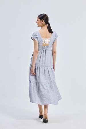 Maxi Tired Dress with Front-ties in Linen Stripes from Reistor