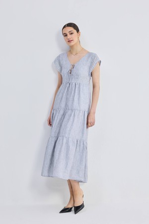 Maxi Tired Dress with Front-ties in Linen Stripes from Reistor