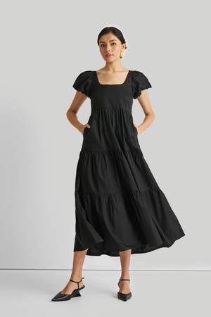 Puff Sleeve Tiered Maxi Dress in Black from Reistor