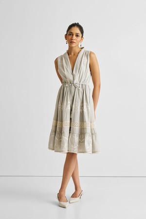 Embroidered Drawstring Gathered Dress in Grey from Reistor